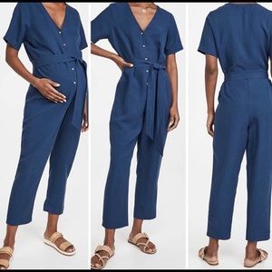 Hatch Blue Noelle Linen Blend Short Sleeve Belted Jumpsuit Maternity Size 2 Med